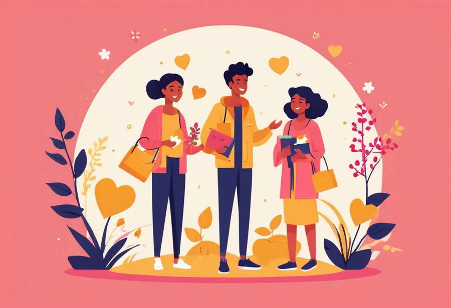 Illustration of young Nepali Rotaractors planting a tree, holding a blood donation bag and books